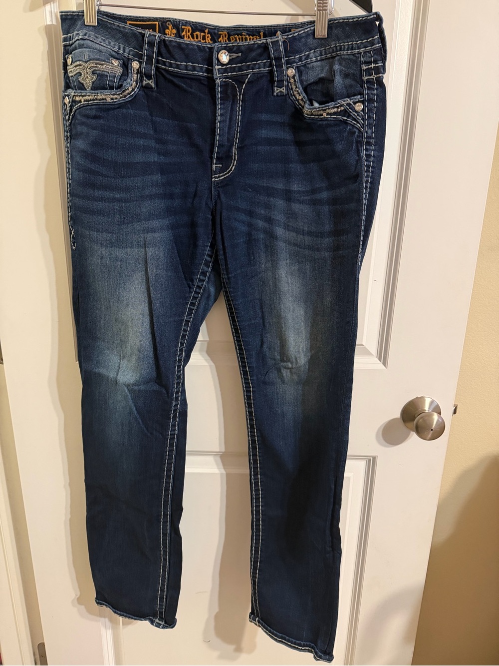Rock Revival Y2K BLING Dark Blue Straight Leg Jeans size 34